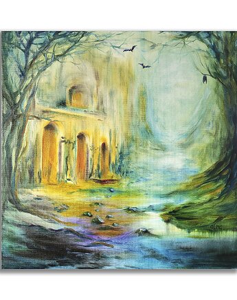 Obraz olejny ręcznie malowany 50x50 cm autorski oryginalny magiczny las, Galeria Alma