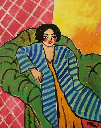 Obraz ręcznie malowany do salonu dama na kanapie, alice oil on canvas