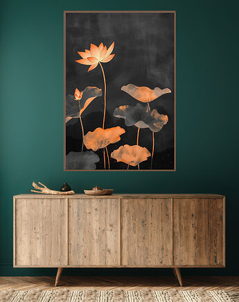 Liście lotusu - Plakat, druk - Chiński Orient, Harmonia Zen, Wabi Sabi #121, Black Sapphire Art