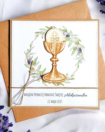 Kartka, PERSONALIZACJA : I Komunia Święta : oliwki: kielich., kaktusia