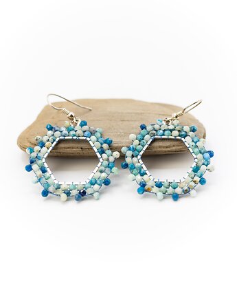 Kolczyki srebrne - koła z kamieni naturalnych - granit z azurytem