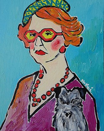 Babcia ze sznaucerem obraz olejny do salonu, alice oil on canvas