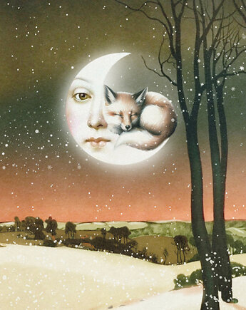 Plakat Fine Art giclee kolaż Zimowy Krajobraz z Księżycem i Lisem, ma illustories