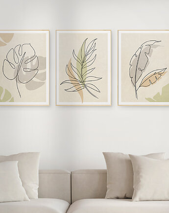 Zestaw 3 stylowych plakatów w stylu Boho, rośliny, monstera, line art., Grawisfera
