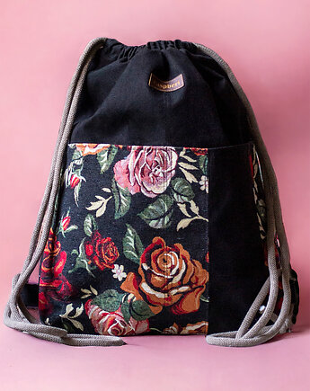 Plecak z kieszeniami patchwork w kwiaty, raspberi
