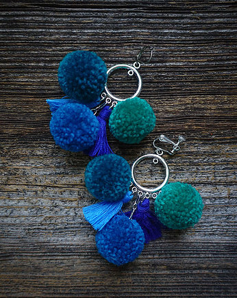 Boho kolorowe kolczyki lub klipsy z pomponami, Mró Soutache