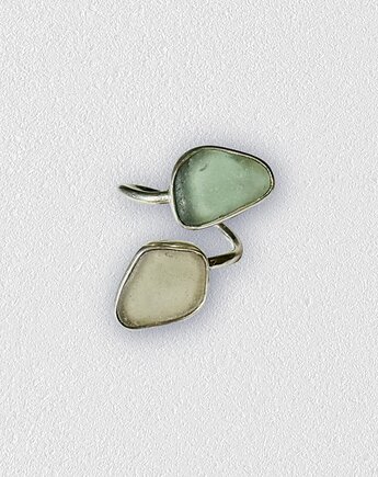 Pierścionek Open ze szkłem morskim Doubletrouble, bluewavestudio