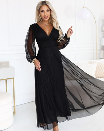 684-4 NERISSA elegancka tiulowa sukienka maxi z kopertowym dekoltem - czarna, NUMOCO