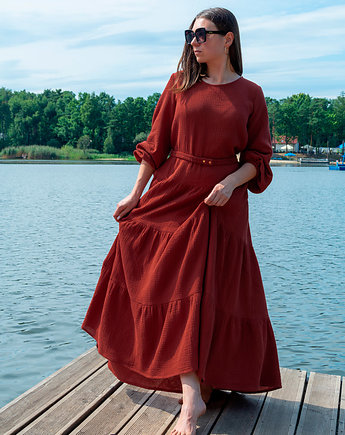 Eko długa ruda muślinowa sukienka z elastycznym paskiem Sandra, Lariko Studio