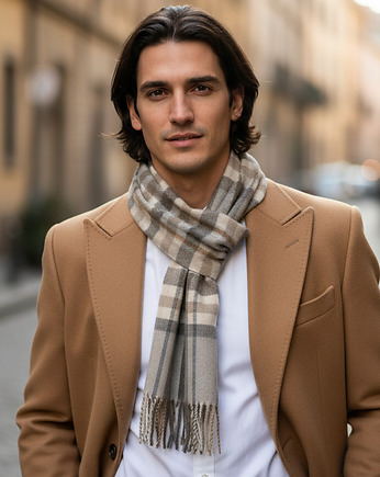 Szalik Męski Beżowy Kratka Wełna
