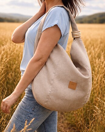 Duża torba worek na ramię z plecionki Beżowa, sabi tatka