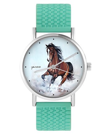 Zegarek - Koń brązowy - silikonowy, turkus, PAKOWANIE PREZENTÓW - pudełko na prezent