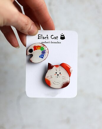 Komplet broszek Kot artysta + paleta. Ręcznie malowane, Black Cat