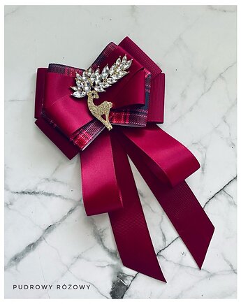 Brosza  / Krawat w kolorze burgund  z Reniferem Exclusive, Pudrowy Różowy