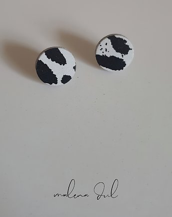 MINI GAJA urocze biale kolczyki male kola w czarne panterka  ze skóry, Malena Dul