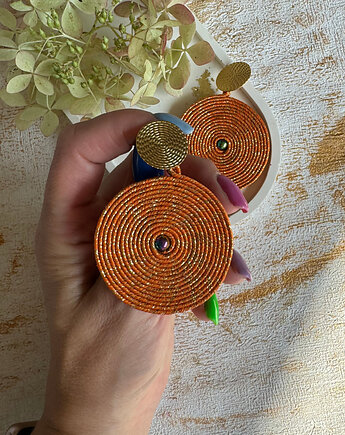 Duże kolczyki koła pomarańczowe ze złotem, mahabi