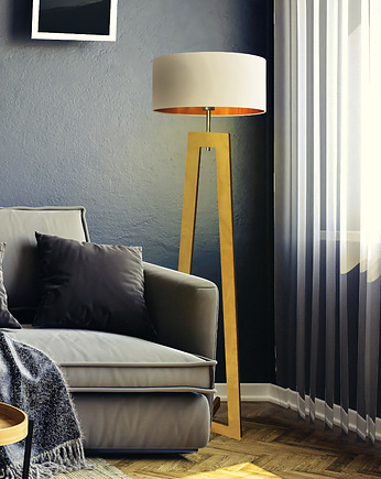 Drewniana lampa stojąca do salonu w stylu skandynawskim BALI GOLD, LYSNE