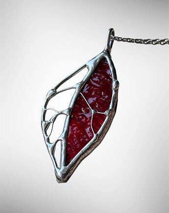 Szklany wisiorek na łańcuszku Naszyjnik Witraż Listek Czerwony