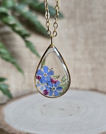 Złoty wisiorek prawdziwe kwiaty zawieszka łezka łza niezapominajki, zkwiatem