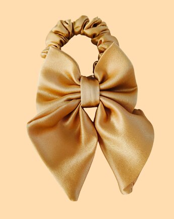 Gumka jedwabna, scrunchie, frotka z kokardą ciepłe złoto, Capillum