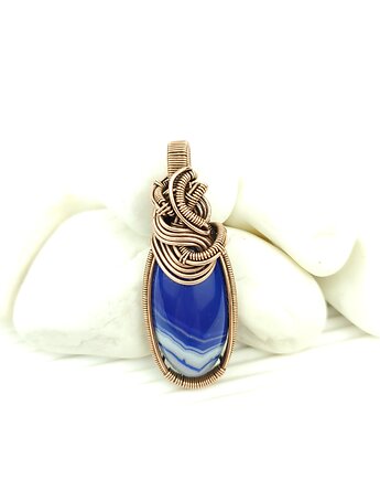 Wisiorek z niebieskim agatem  wire wrapping, Blue Pearl Art