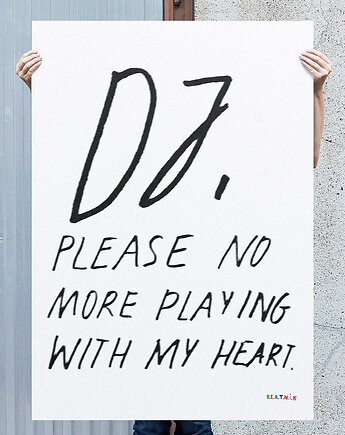 DJ please - Plakat typograficzny Techno Rave Czarno biały minimalistyczny, BEATNIK illustration