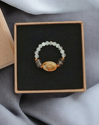 Pierścionek DOBROBYT - amulet - cytryn, kwarc dymny, kryształ górski, kaktusia