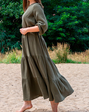 Eko długa zielona muślinowa sukienka z elastycznym paskiem Sandra, Lariko Studio