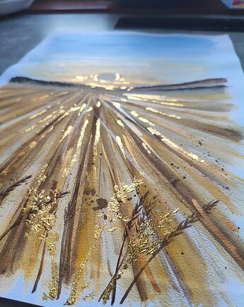 Akwarela Pole Zboże Zachód Słońca Krajobraz Wieś Złoto Sielanka 30x42, kkjustpaint Karolina Kamińska