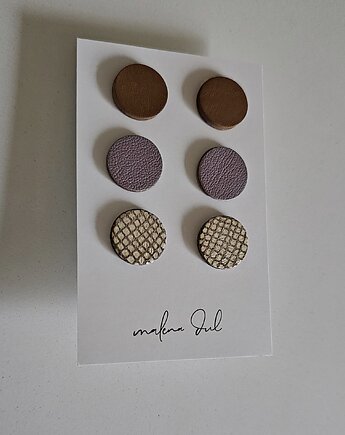 Trzy pary, kolczyki koła skóra naturalna bananowe jagodowe bakłażanowe, Malena Dul