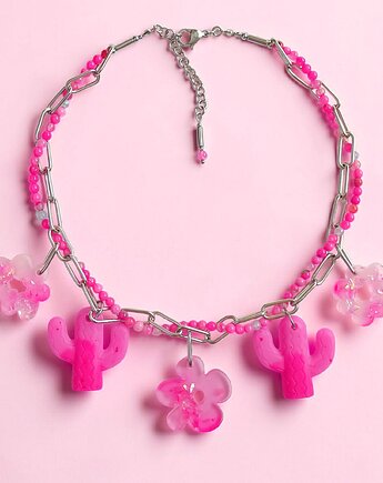 UNIKATOWY naszyjnik : żywica, kamienie naturalne : BARBIE collection, kaktusia