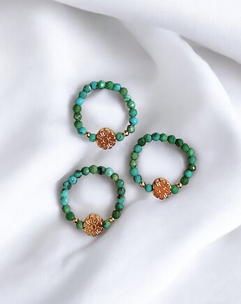 Pierścionek PREMIUM : turkus naturalny, złoty hematyt, kaktusia