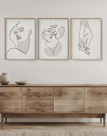 Zestaw 3 stylowych plakatów w stylu Boho, kobieta, twarz, line art., Grawisfera