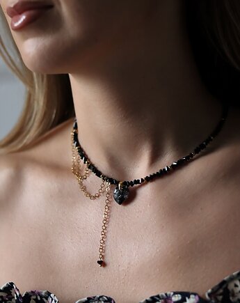 Czarny Łańcuszek Damski, Czarny Naszyjnik z Sercem, Zawieszka Swarovski, Księżycowa bijoux