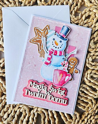 Kartka bożonarodzeniowa z bałwanem w różowym kolorze, papierololo