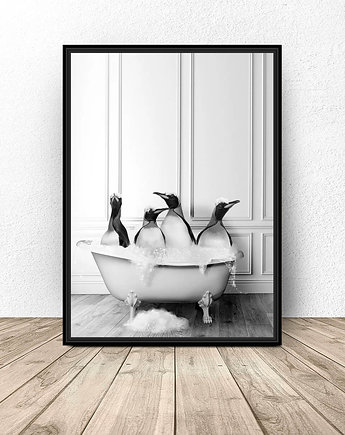 Plakat do łazienki "Cztery pingwiny w wannie", scandiposter