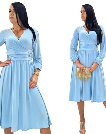 Elegancka kotajlowa  sukienka  midi  błękitna draperia r 36-56, MC Fashion