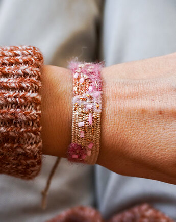 Włóczkowa bransoletka handmade z koralikami, wiązana na sznurku, Słońcem Tkane