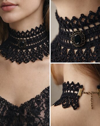 Szydełkowy koronkowy czarny naszyjnik retro, Księżycowa ćma