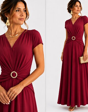 Bordowa  Maxi sukienka z drapowanym paskiem 34-48, MM FASHION