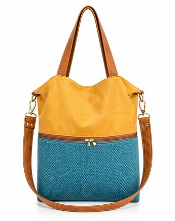 Duża torba na ramię z zapinaną kieszenią -musztarda, turkus, koniak, PRACOWNIA 166