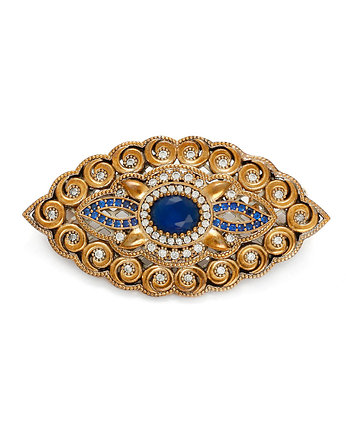 Srebrna złocona broszka z niebieskimi kamieniami, KOM Biżuteria