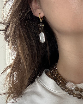 Kolczyki pozłacane Kwarc Dymny z perłą, Chmolowska Jewellery