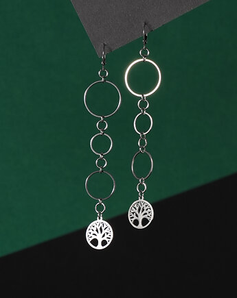 Długie kolczyki ze stali z kółkami i drzewem życia, AT NOON