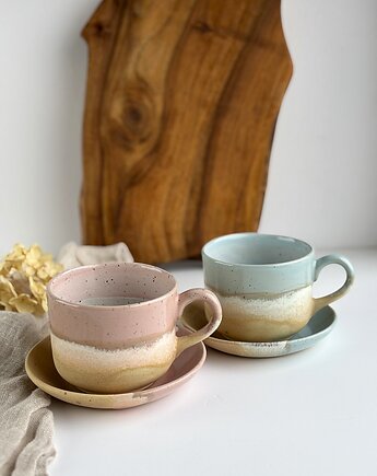 Zestaw dla dwojga - 2 duże filiżanki - różowe i niebieskie migdały, Ceramika Tyka