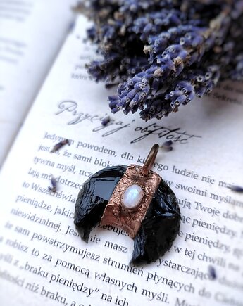 Wisior miedziany lunula obsydian moonstone I, Treemasters Copper Jewelry