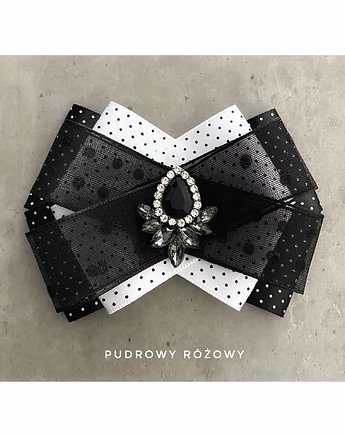 Brosza Black & White w kropeczki  z  tiulem, Pudrowy Różowy