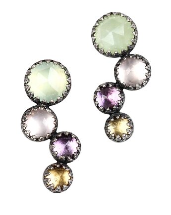 Srebrne kolczyki z prehnitem, kwarcem różowym, ametystem i cytrynem, Blooming Stones