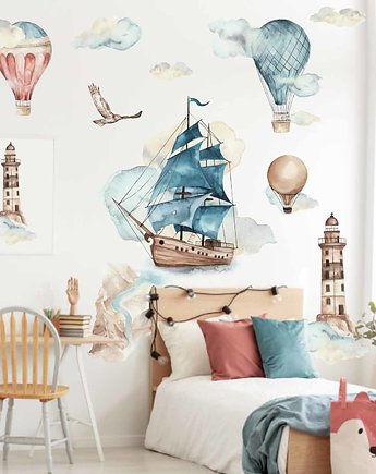 Latarnia morska, statek, balony - Naklejka na ścianę, naklejka ścienna, OKAZJE - Prezent na Roczek