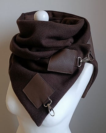 Szal wełniany ze skórą, Komin Unisex  Brązowy, Green Sheep